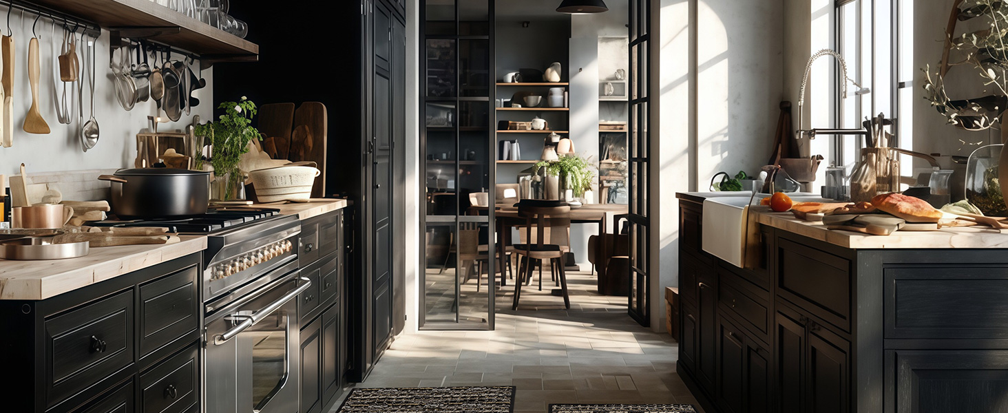 Kitchen Rugs Sets of 2-Non Slip Kitchen Mats for Floor-Thick Stain Resistant Vintage Kitchen Floor Mat Runner Carpet for Hallways Entryway Laundry Room Washable（Black 22