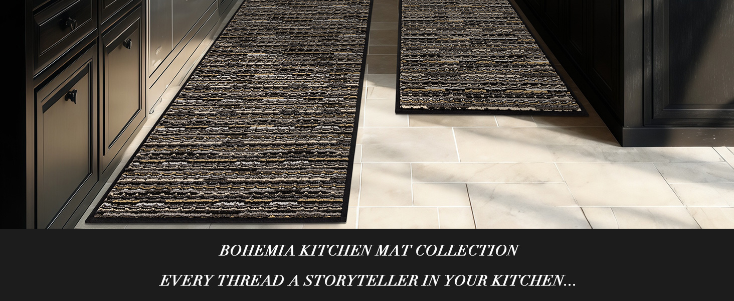 Kitchen Rugs Sets of 2-Non Slip Kitchen Mats for Floor-Thick Stain Resistant Vintage Kitchen Floor Mat Runner Carpet for Hallways Entryway Laundry Room Washable（Black 22