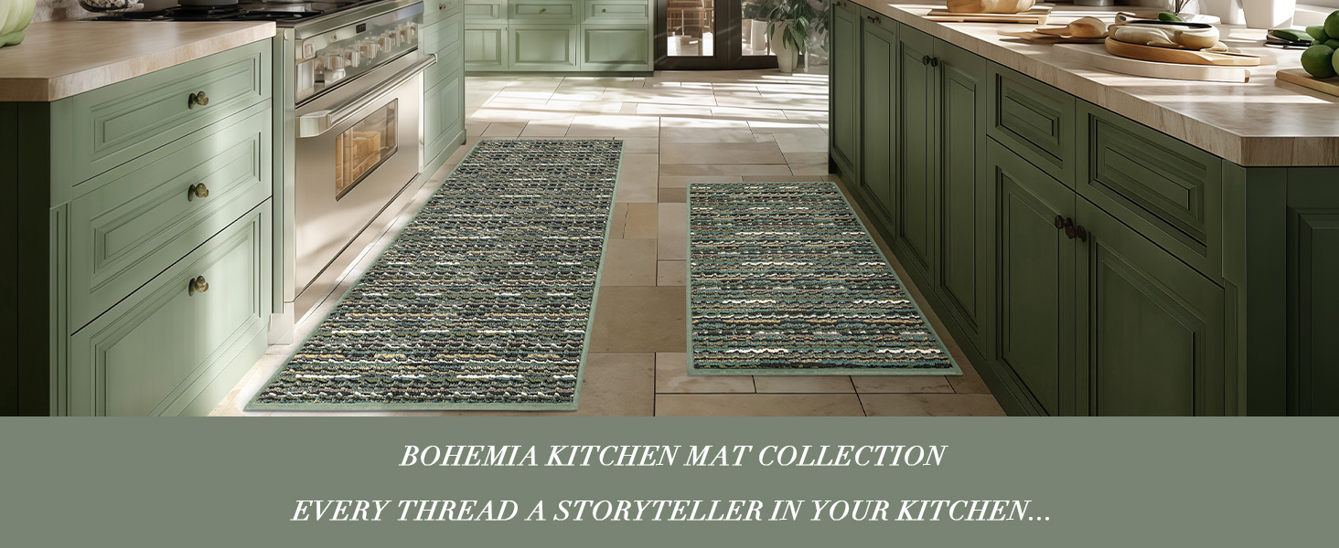 Kitchen Rugs Sets of 2-Non Slip Kitchen Mats for Floor-Thick Stain Resistant Vintage Kitchen Floor Mat Runner Carpet for Hallways Entryway Laundry Room Washable（Green 20