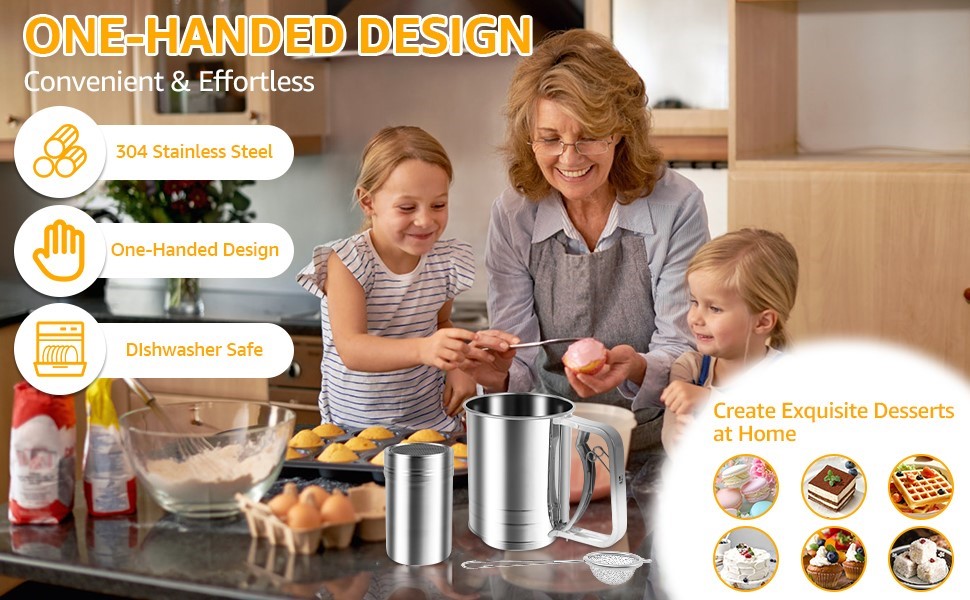 3 in 1 Flour Sifter for Baking, 3 Cup Stainless Steel Double Layer Fine Mesh Sifter, Flour Shaker Duster with Lid, Powdered Sugar Spice Sifters Spoon, Handheld Flours Sieve for Cooking Cakes Desserts