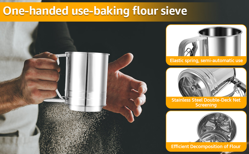 3 in 1 Flour Sifter for Baking, 3 Cup Stainless Steel Double Layer Fine Mesh Sifter, Flour Shaker Duster with Lid, Powdered Sugar Spice Sifters Spoon, Handheld Flours Sieve for Cooking Cakes Desserts