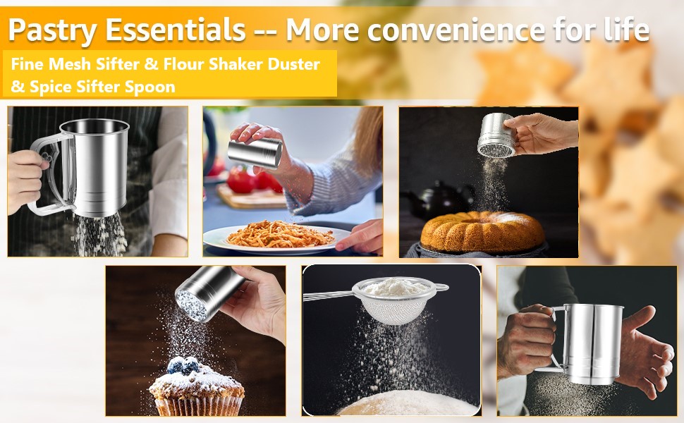 3 in 1 Flour Sifter for Baking, 3 Cup Stainless Steel Double Layer Fine Mesh Sifter, Flour Shaker Duster with Lid, Powdered Sugar Spice Sifters Spoon, Handheld Flours Sieve for Cooking Cakes Desserts