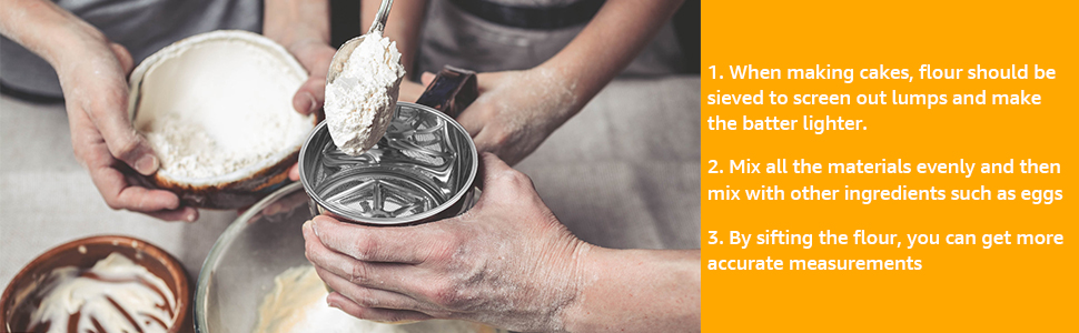 3 in 1 Flour Sifter for Baking, 3 Cup Stainless Steel Double Layer Fine Mesh Sifter, Flour Shaker Duster with Lid, Powdered Sugar Spice Sifters Spoon, Handheld Flours Sieve for Cooking Cakes Desserts