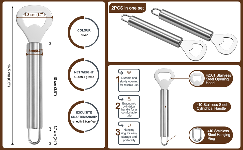 Silver 2-Pack Stainless Steel Lever Bottle Opener – Quick & Easy Bottle Opening, Suitable for Beer, Beverages, Salad Dressings, Sauces, and Other Metal-Capped Bottle
