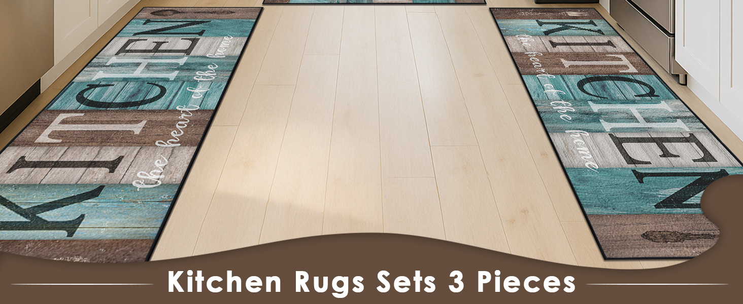 Turquoise Teal Kitchen Rugs Sets of 3, Non Slip Washable Farmhouse Kitchen Mats for Floor, Wooden Vintage Rustic Area Runner Rug for Laundry Room and Hallway