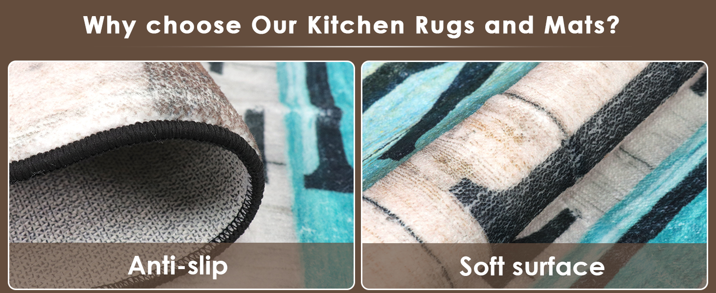 Turquoise Teal Kitchen Rugs Sets of 3, Non Slip Washable Farmhouse Kitchen Mats for Floor, Wooden Vintage Rustic Area Runner Rug for Laundry Room and Hallway