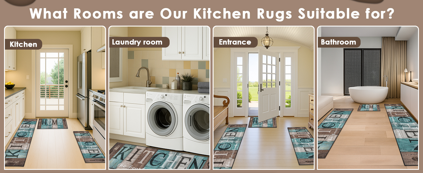 Turquoise Teal Kitchen Rugs Sets of 3, Non Slip Washable Farmhouse Kitchen Mats for Floor, Wooden Vintage Rustic Area Runner Rug for Laundry Room and Hallway