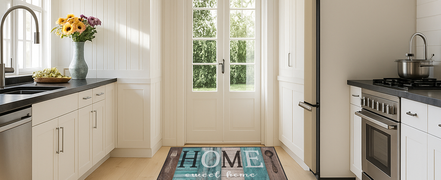 Turquoise Teal Kitchen Rugs Sets of 3, Non Slip Washable Farmhouse Kitchen Mats for Floor, Wooden Vintage Rustic Area Runner Rug for Laundry Room and Hallway