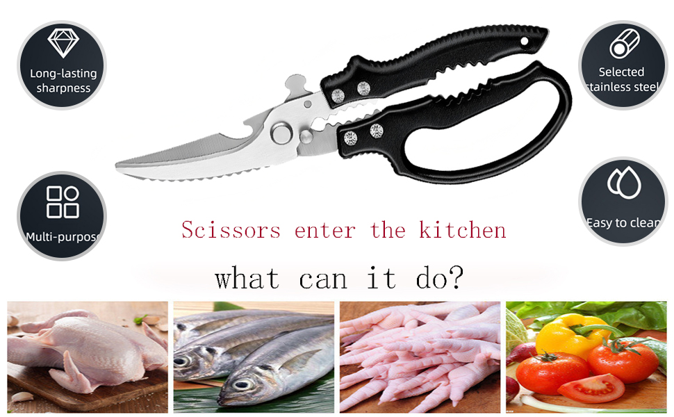 Kitchen Scissors Stainless Steel Shear, Safety Lock, Sharp Heavy Duty Poultry Shears for Food, Chicken Bones, Turkey, Dishwasher Safe, 9.33 Inch, Black