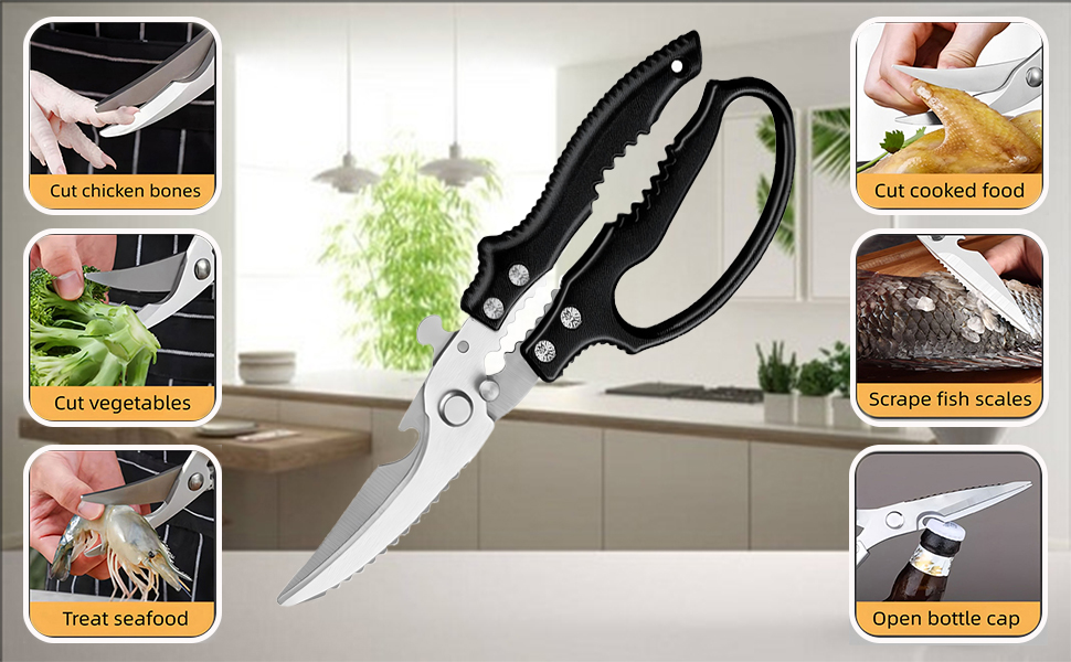 Kitchen Scissors Stainless Steel Shear, Safety Lock, Sharp Heavy Duty Poultry Shears for Food, Chicken Bones, Turkey, Dishwasher Safe, 9.33 Inch, Black