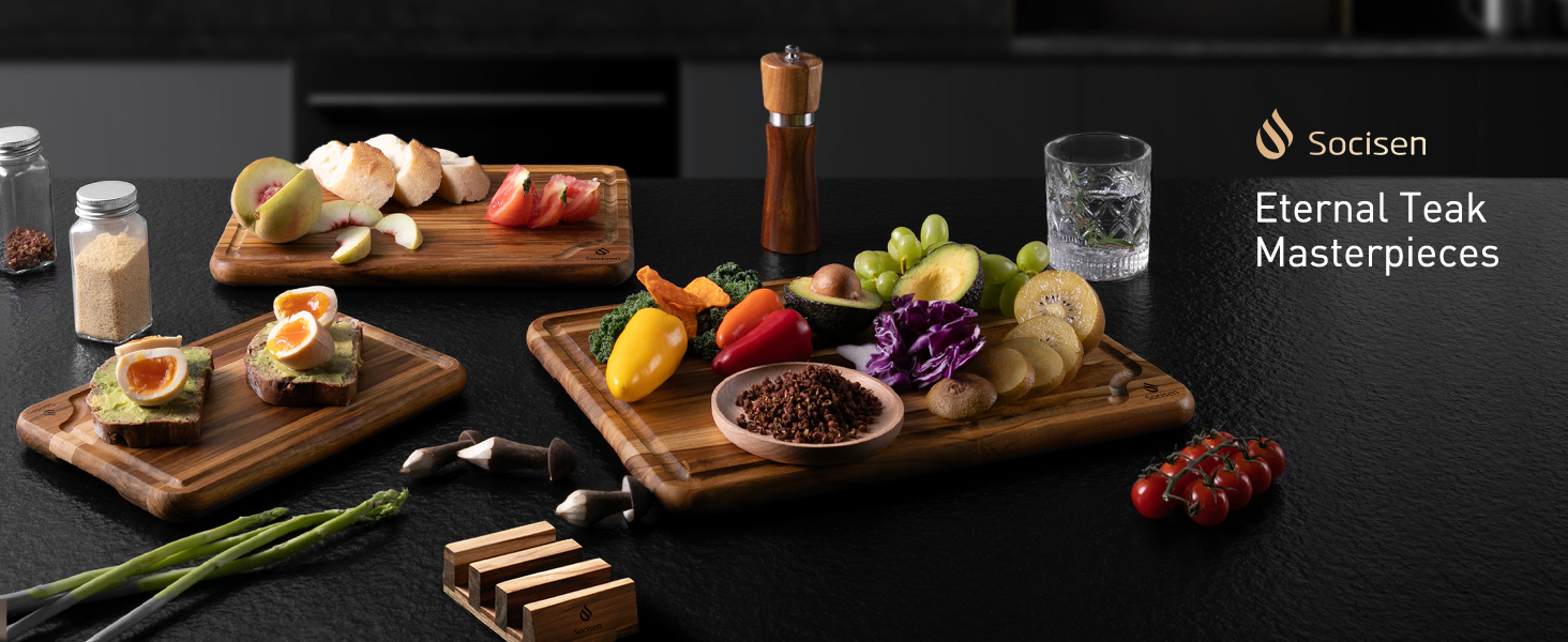 3 Pack Teak Wood Cutting Board Set for Kitchen Charcuterie Board Serving Heavy Duty Non Toxic Slip Over Sink Solid Thick Haus Wooden Chopping Board Large Big Small Meat Best Kitchen Essential Gift