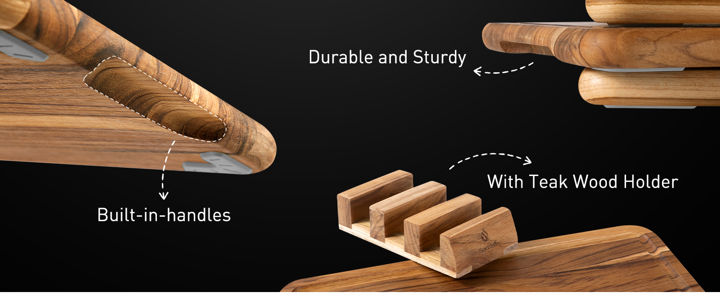 3 Pack Teak Wood Cutting Board Set for Kitchen Charcuterie Board Serving Heavy Duty Non Toxic Slip Over Sink Solid Thick Haus Wooden Chopping Board Large Big Small Meat Best Kitchen Essential Gift