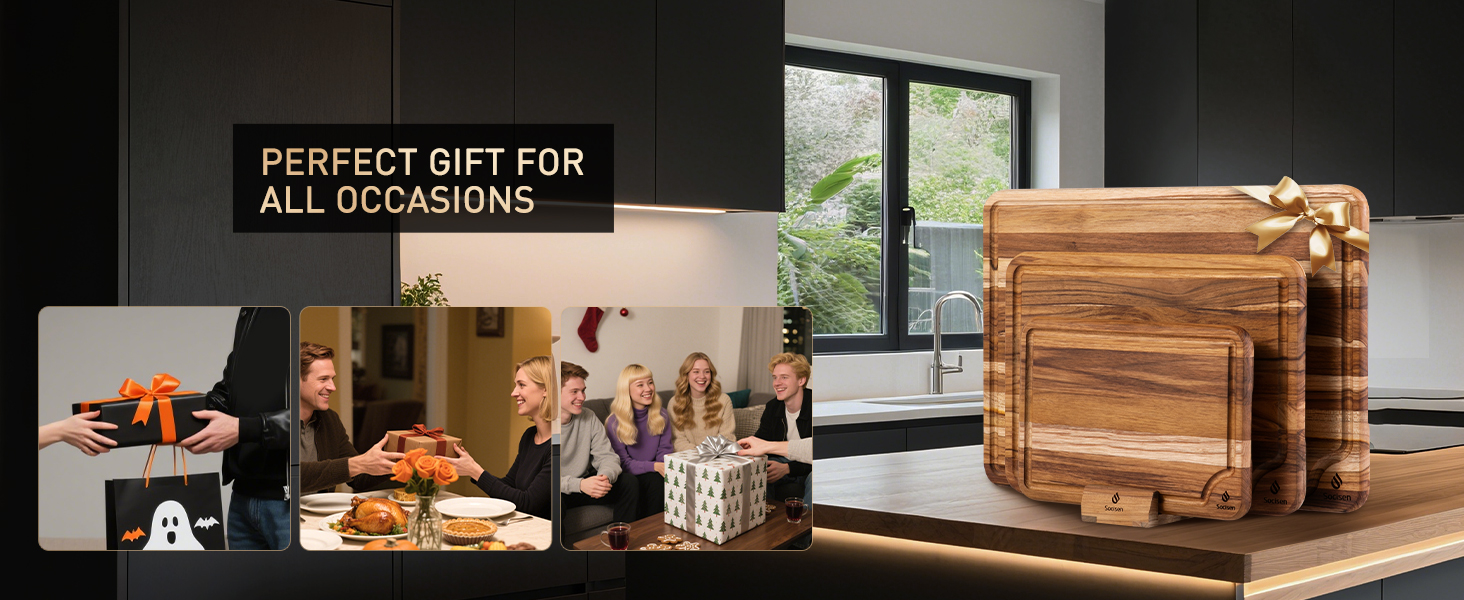 3 Pack Teak Wood Cutting Board Set for Kitchen Charcuterie Board Serving Heavy Duty Non Toxic Slip Over Sink Solid Thick Haus Wooden Chopping Board Large Big Small Meat Best Kitchen Essential Gift