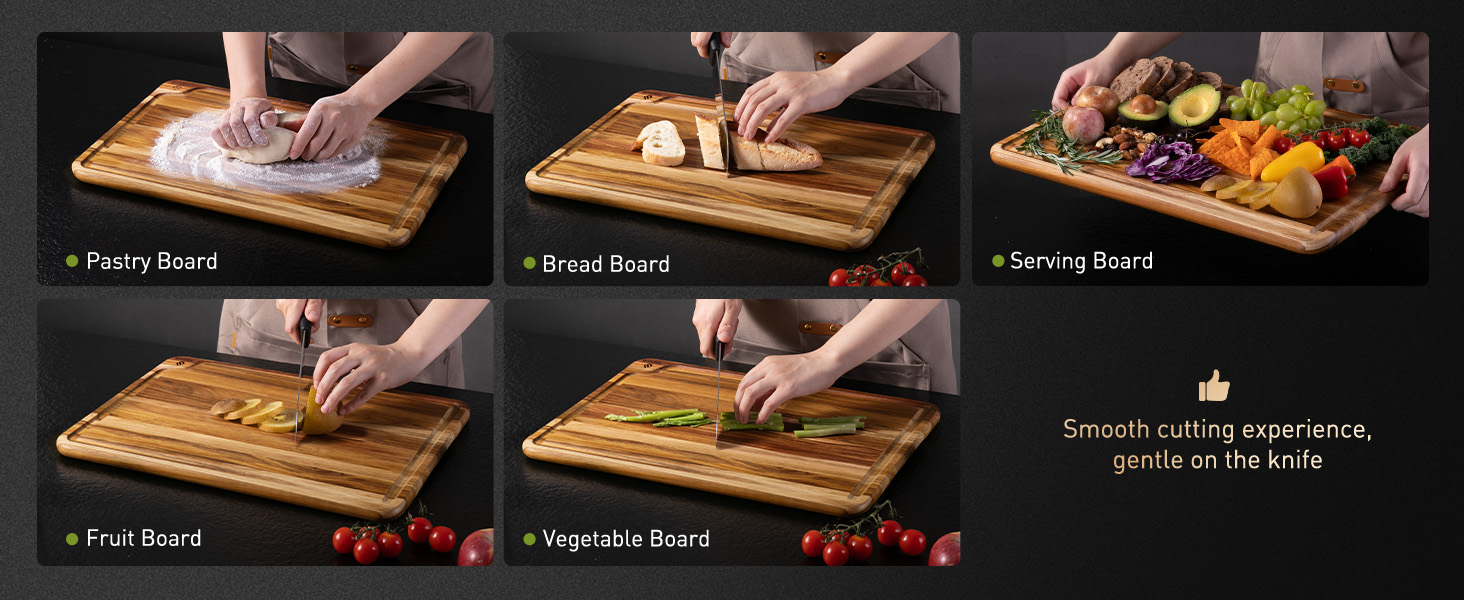3 Pack Teak Wood Cutting Board Set for Kitchen Charcuterie Board Serving Heavy Duty Non Toxic Slip Over Sink Solid Thick Haus Wooden Chopping Board Large Big Small Meat Best Kitchen Essential Gift
