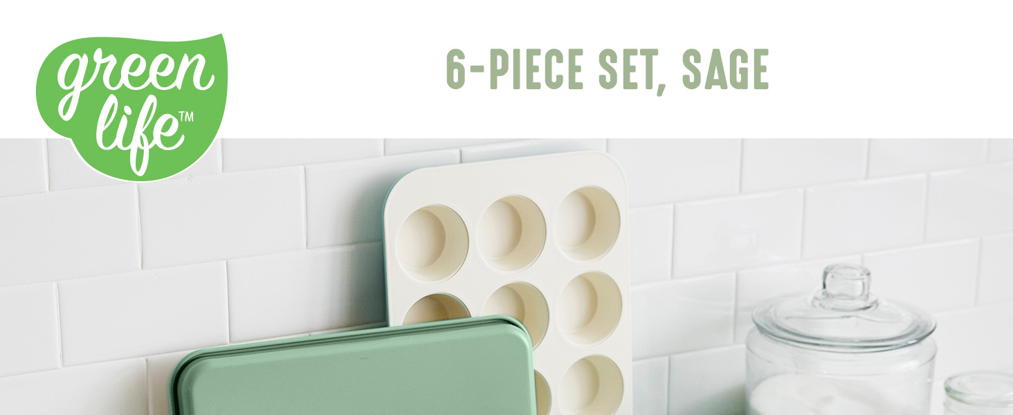 GreenLife 6 Piece Nonstick Bakeware Set, Non-Toxic PFAS-Free Ceramic Oven Pans, Dishwasher & Oven Safe to 450°F, Easy Release Baking Sheet, Loaf Pan, Rectangle & Round Cake, Muffin Pan, Sage