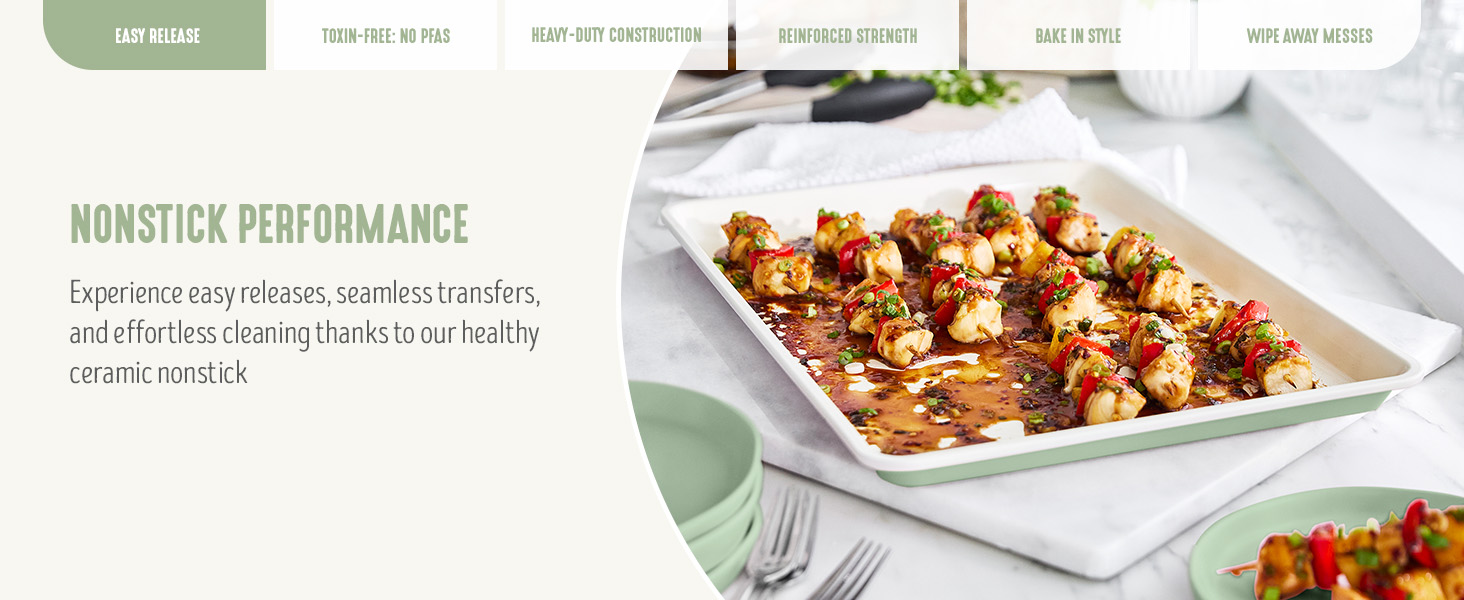 GreenLife 6 Piece Nonstick Bakeware Set, Non-Toxic PFAS-Free Ceramic Oven Pans, Dishwasher & Oven Safe to 450°F, Easy Release Baking Sheet, Loaf Pan, Rectangle & Round Cake, Muffin Pan, Sage