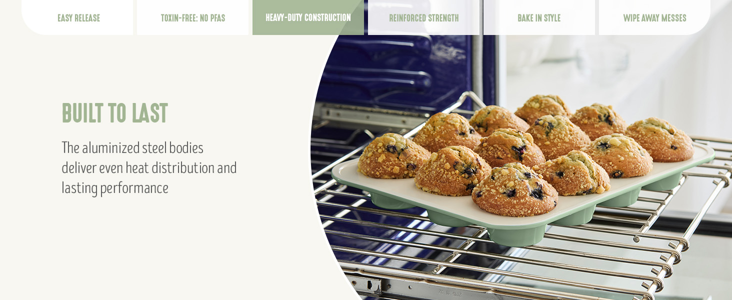 GreenLife 6 Piece Nonstick Bakeware Set, Non-Toxic PFAS-Free Ceramic Oven Pans, Dishwasher & Oven Safe to 450°F, Easy Release Baking Sheet, Loaf Pan, Rectangle & Round Cake, Muffin Pan, Sage