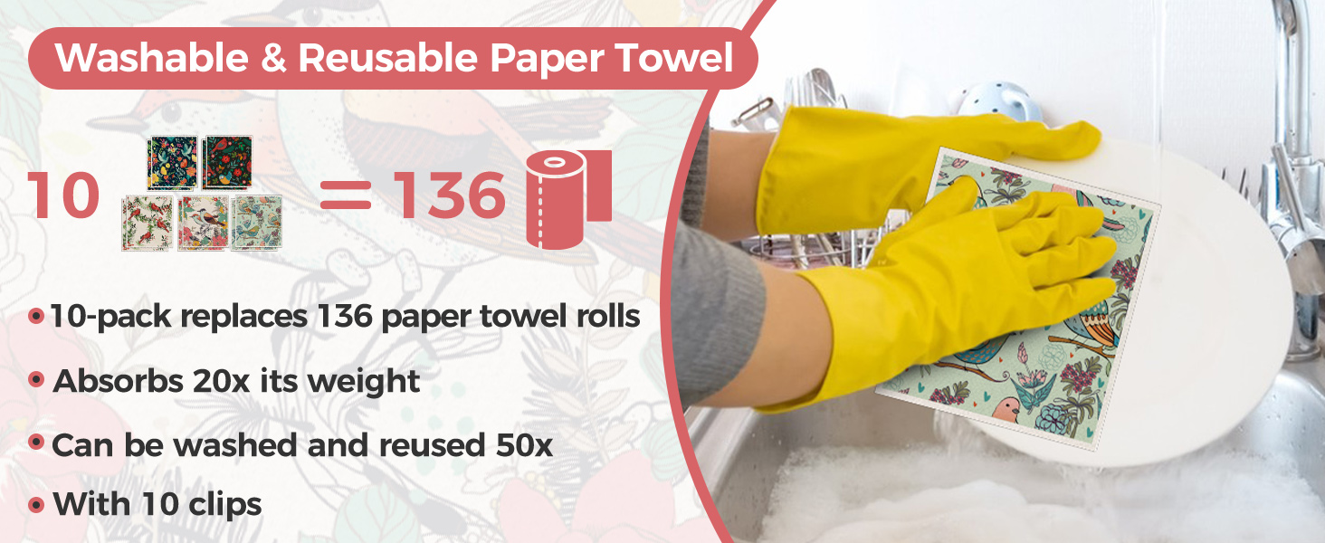 10PCS Swedish Dishcloths for Kitchen, Reusable Dish Rags for Washing Dishes with Clips, Non-Scratch Kitchen Towels and Dishcloths Sets, Washable Swedish Dish Cloths, No Odor(Birds Flowers)