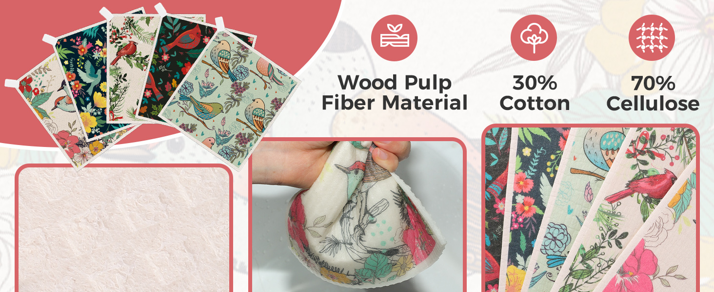 10PCS Swedish Dishcloths for Kitchen, Reusable Dish Rags for Washing Dishes with Clips, Non-Scratch Kitchen Towels and Dishcloths Sets, Washable Swedish Dish Cloths, No Odor(Birds Flowers)