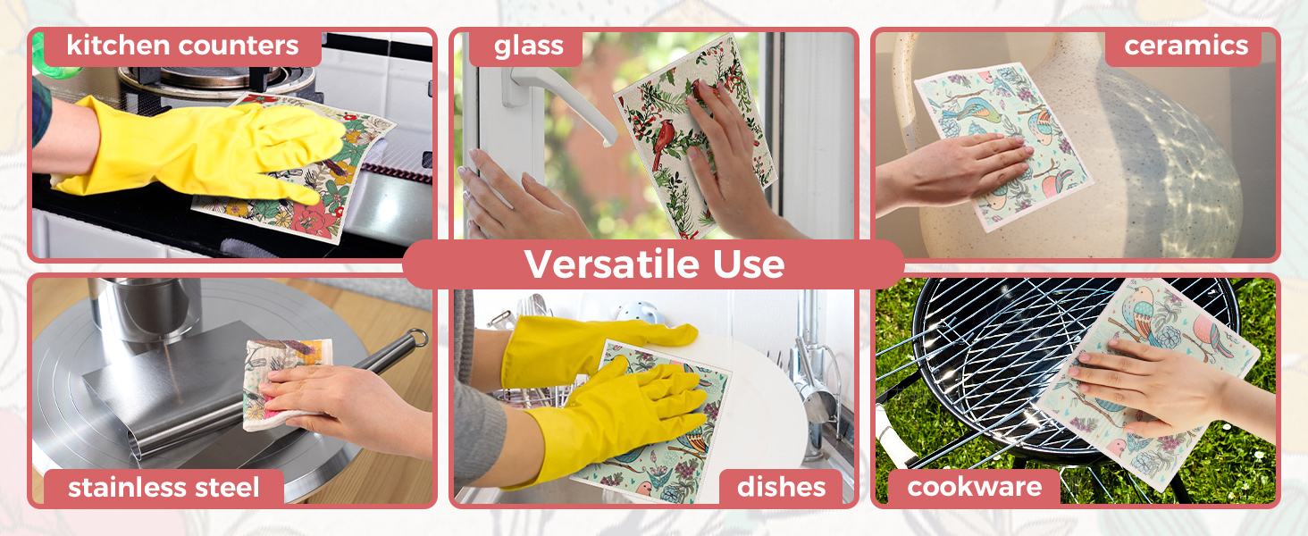 10PCS Swedish Dishcloths for Kitchen, Reusable Dish Rags for Washing Dishes with Clips, Non-Scratch Kitchen Towels and Dishcloths Sets, Washable Swedish Dish Cloths, No Odor(Birds Flowers)