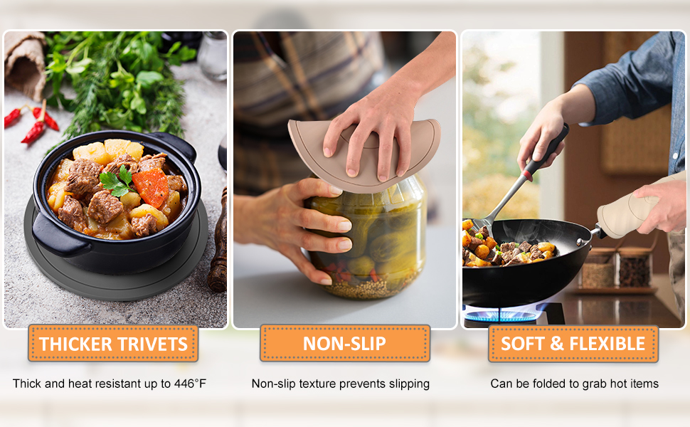 Silicone Trivet Mats 3 Pack Heat Resistant Pot Holders, Multipurpose Non-Slip Hot Pads for Kitchen Potholders, Hot Dishers, Jar Opener, Spoon Holder (Brown)