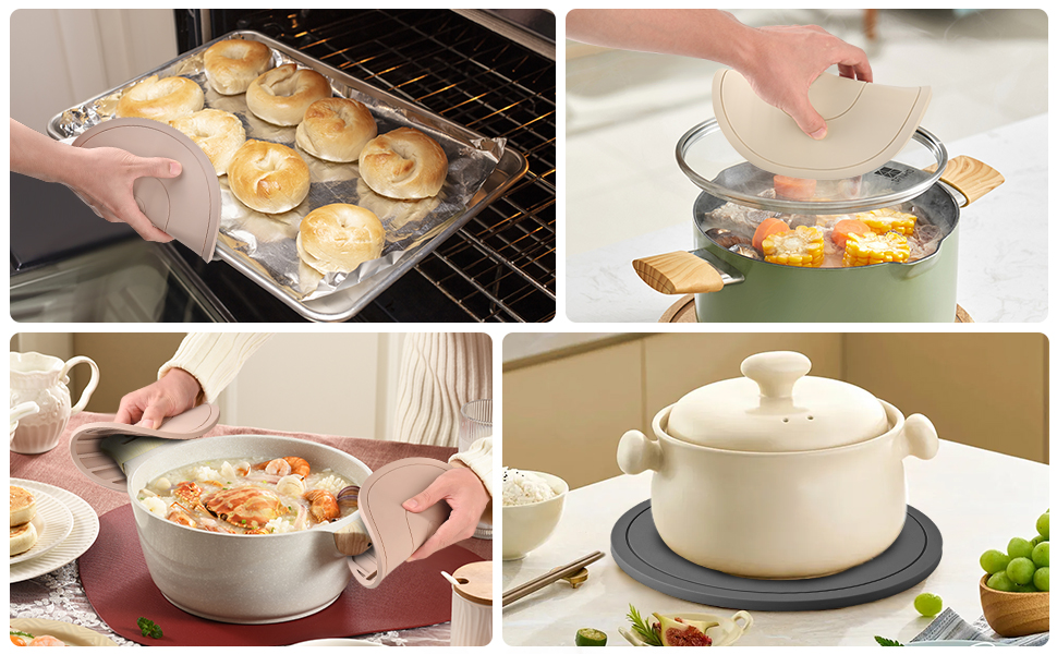 Silicone Trivet Mats 3 Pack Heat Resistant Pot Holders, Multipurpose Non-Slip Hot Pads for Kitchen Potholders, Hot Dishers, Jar Opener, Spoon Holder (Brown)