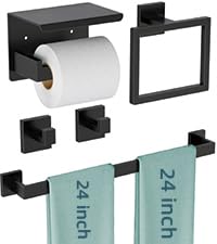 5-Pieces Matte Black Bathroom Hardware Accessories Set, 24 Inch Stainless Steel Towel Racks for Bathroom, Towel Bar Set Towel Ring Coat Hook and Toilet Paper Holder with Shelf Wall Mounted