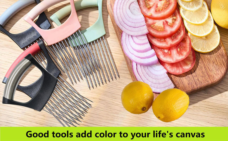 Upgraded Stainless Steel Lemon Slicer Onion Cutter, Onion Holder for Slicing, Vegetable Cutter Kitchen Chopper Slicing Assistant Tool for Potato and Tomato Avocados Eggs Meat (1, Pink)