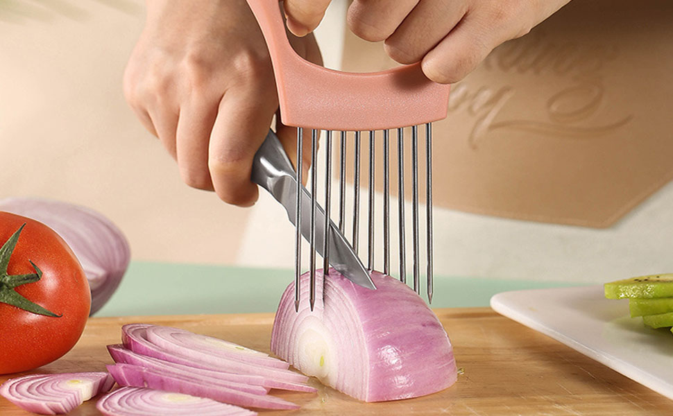 Upgraded Stainless Steel Lemon Slicer Onion Cutter, Onion Holder for Slicing, Vegetable Cutter Kitchen Chopper Slicing Assistant Tool for Potato and Tomato Avocados Eggs Meat (1, Pink)