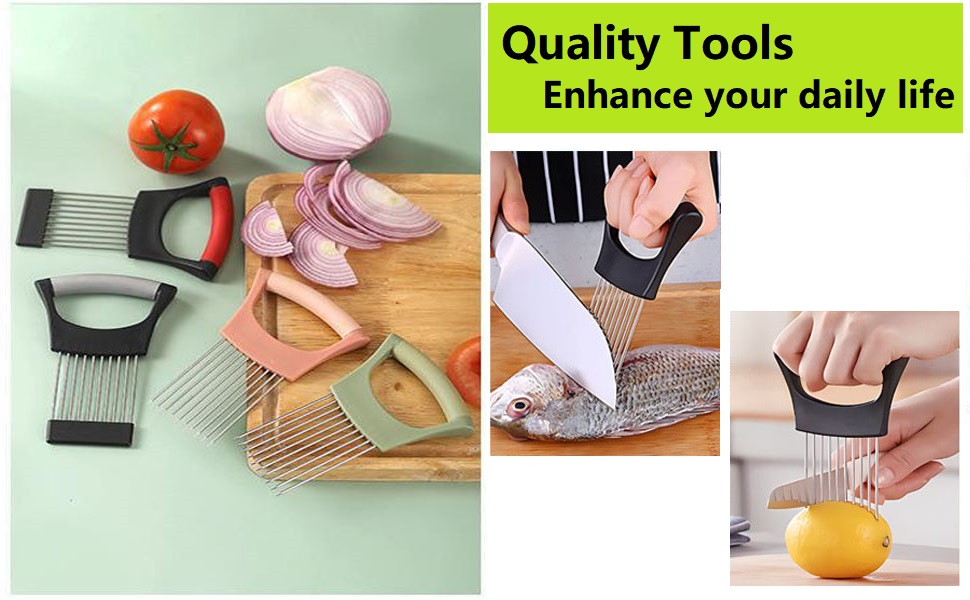 Upgraded Stainless Steel Lemon Slicer Onion Cutter, Onion Holder for Slicing, Vegetable Cutter Kitchen Chopper Slicing Assistant Tool for Potato and Tomato Avocados Eggs Meat (1, Pink)