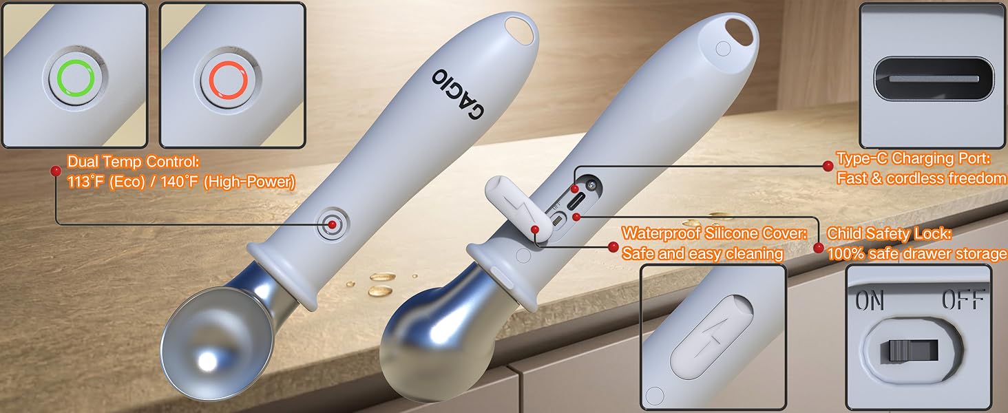 Heated Ice Cream Scoop Rechargeable – Upgraded 2026 Electric Warming Scooper for Rock Hard Ice Cream, Dual Temp 113℉/140℉, Safety Lock & Waterproof Ergonomic Handle (White)