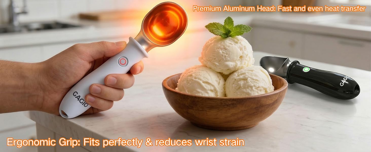 Heated Ice Cream Scoop Rechargeable – Upgraded 2026 Electric Warming Scooper for Rock Hard Ice Cream, Dual Temp 113℉/140℉, Safety Lock & Waterproof Ergonomic Handle (White)