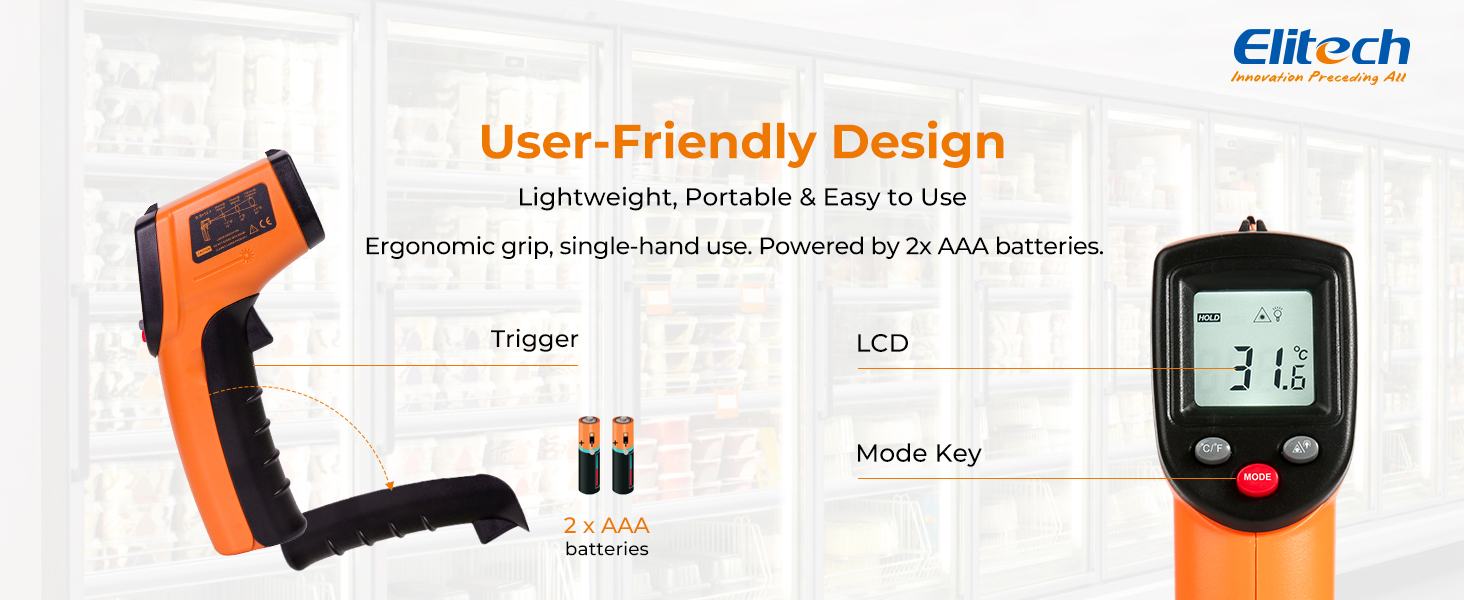 Elitech Laser Temperature Gun, Non-Contact Digital Infrared Thermometer, Adjustable Emissivity, Backlight, Handheld for Grill, Meat, Food, Candy, Automotive, HVAC Tools, -50~530°C(-58~986°F), DIT-220