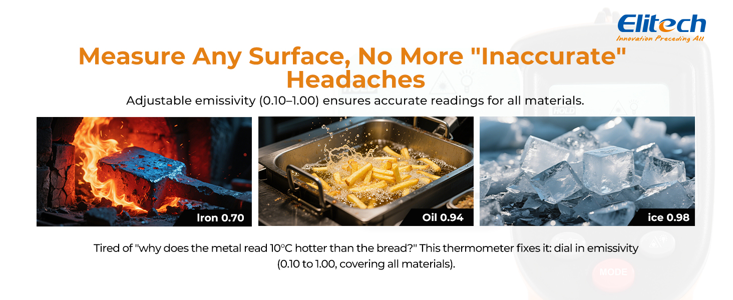 Elitech Laser Temperature Gun, Non-Contact Digital Infrared Thermometer, Adjustable Emissivity, Backlight, Handheld for Grill, Meat, Food, Candy, Automotive, HVAC Tools, -50~530°C(-58~986°F), DIT-220