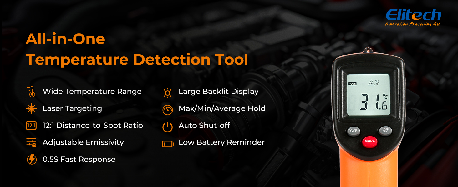 Elitech Laser Temperature Gun, Non-Contact Digital Infrared Thermometer, Adjustable Emissivity, Backlight, Handheld for Grill, Meat, Food, Candy, Automotive, HVAC Tools, -50~530°C(-58~986°F), DIT-220