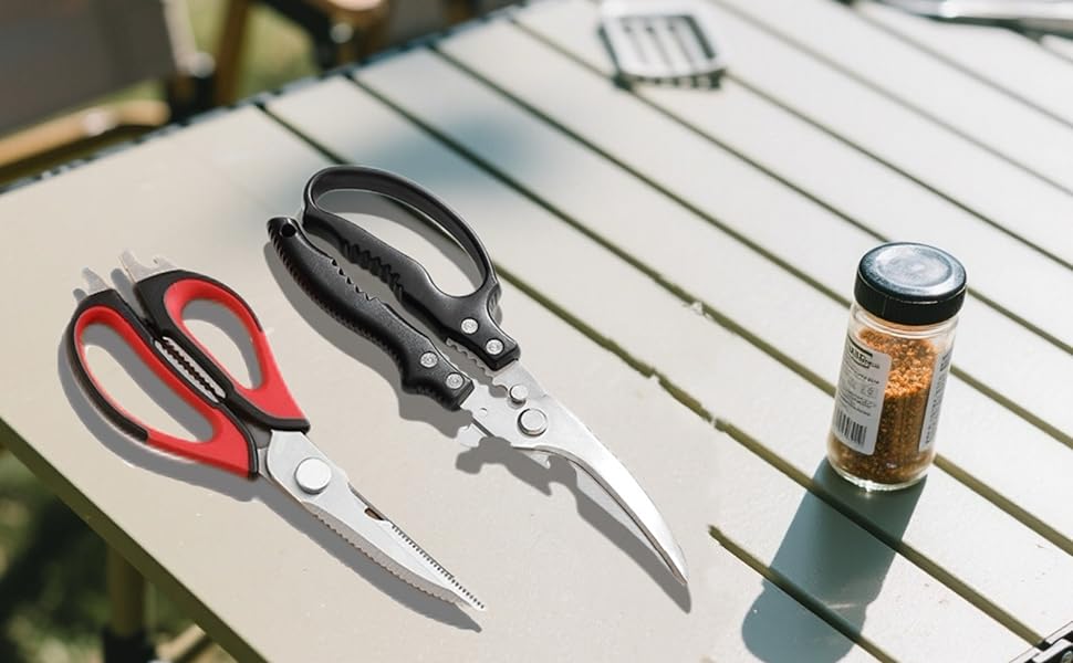 2-Pack Heavy Duty Kitchen Shears - Ultra Sharp All Purpose Food Scissors for Cutting Chicken Bones, Meat & Vegetables, Multi-Function Stainless Steel Cooking Shears (Black & Red)