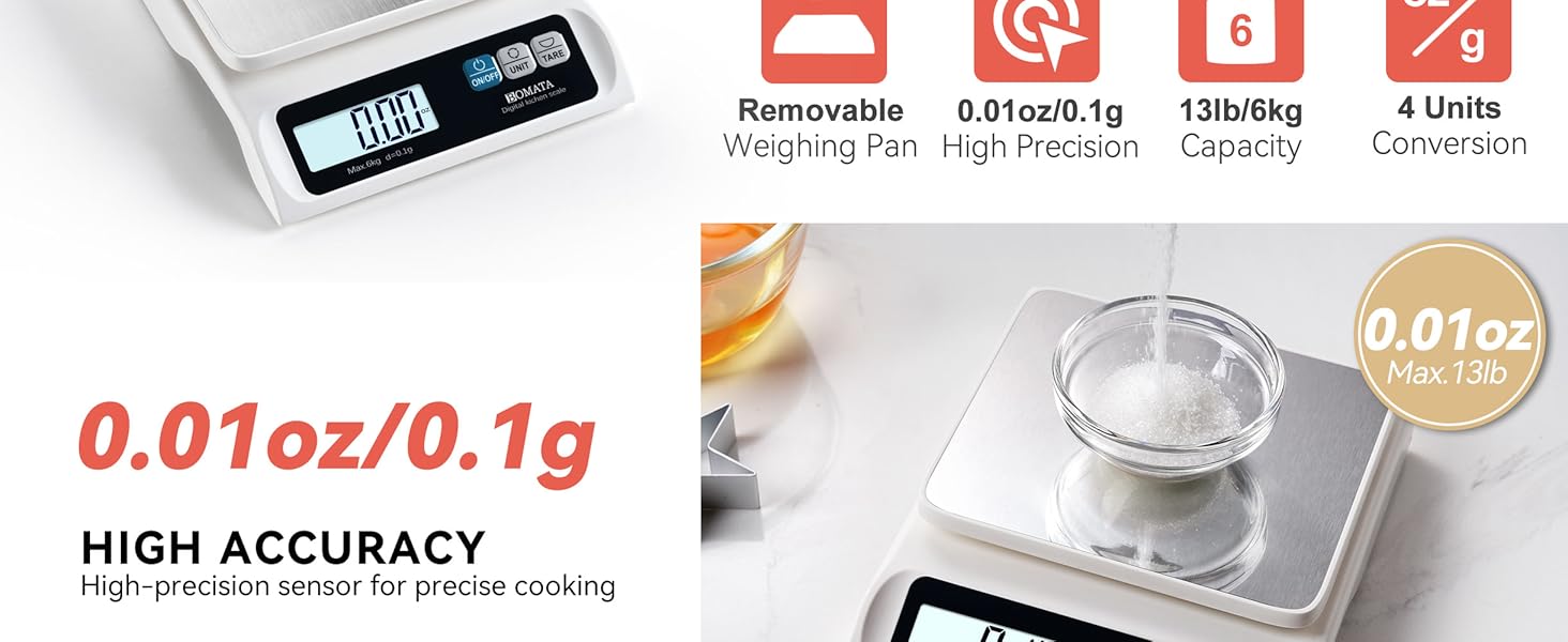 BOMATA 0.1g/ 13lb Food Scale, Digital Kitchen Scale with Removable Stainless Steel Pan, Backlit LCD Display, for Cooking, Baking B621 White