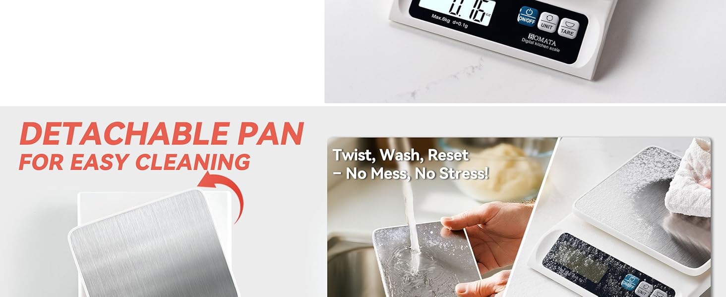 BOMATA 0.1g/ 13lb Food Scale, Digital Kitchen Scale with Removable Stainless Steel Pan, Backlit LCD Display, for Cooking, Baking B621 White