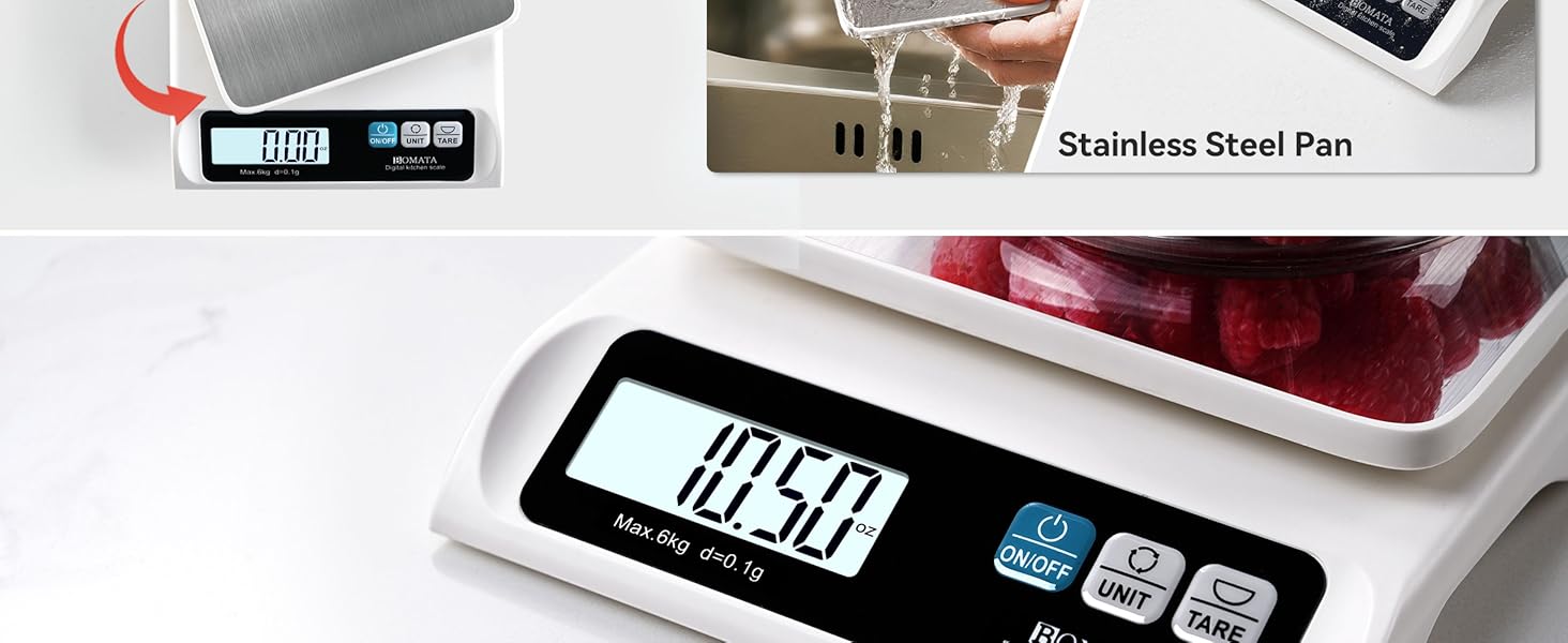 BOMATA 0.1g/ 13lb Food Scale, Digital Kitchen Scale with Removable Stainless Steel Pan, Backlit LCD Display, for Cooking, Baking B621 White