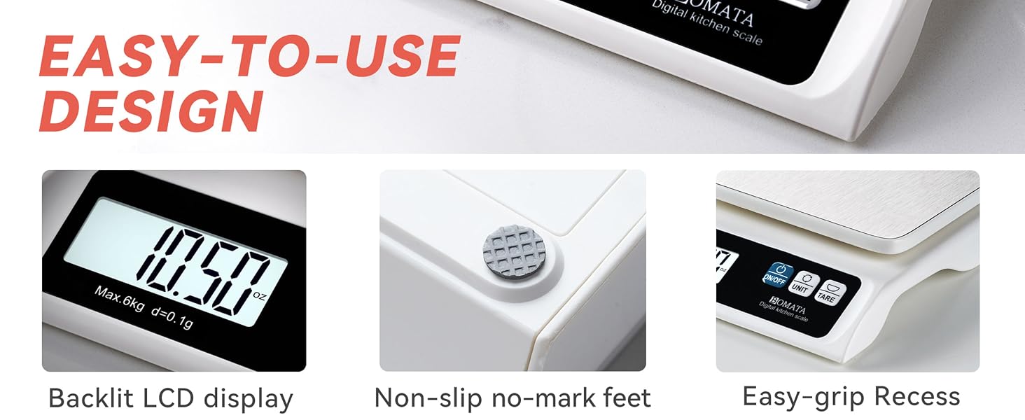 BOMATA 0.1g/ 13lb Food Scale, Digital Kitchen Scale with Removable Stainless Steel Pan, Backlit LCD Display, for Cooking, Baking B621 White