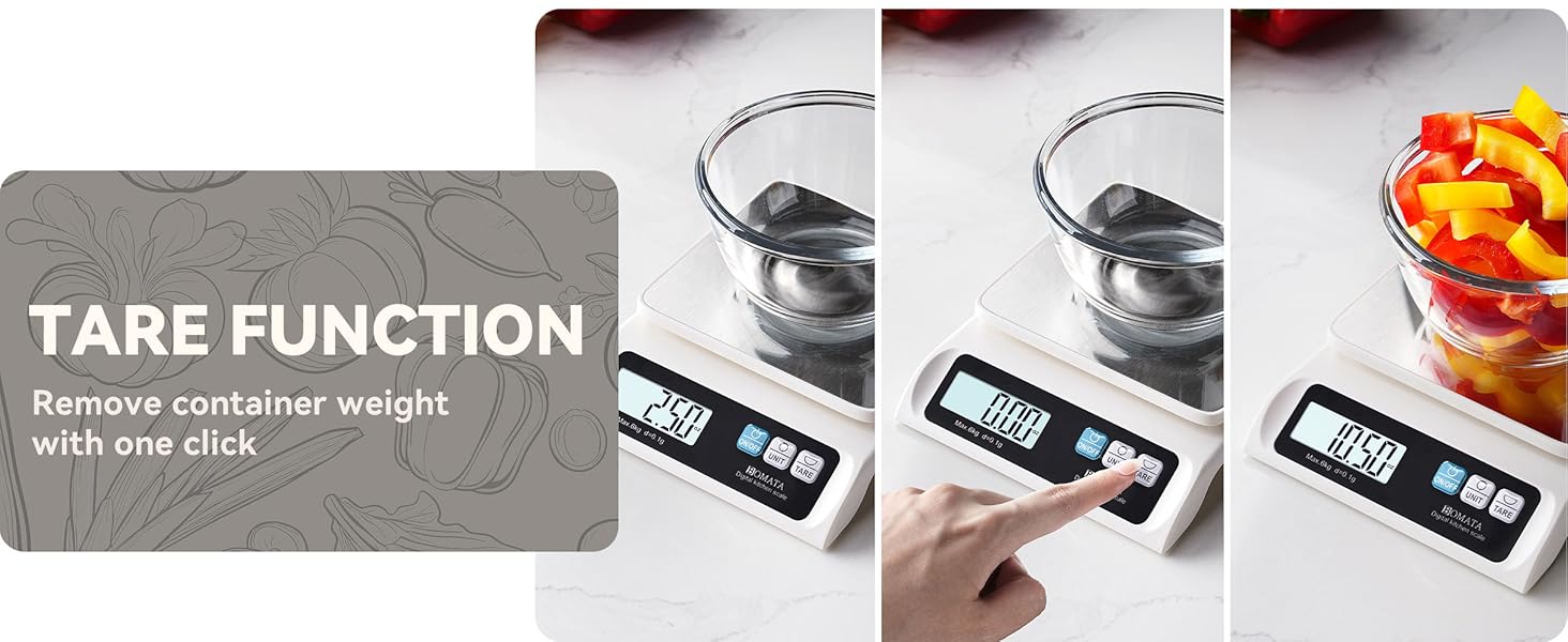BOMATA 0.1g/ 13lb Food Scale, Digital Kitchen Scale with Removable Stainless Steel Pan, Backlit LCD Display, for Cooking, Baking B621 White