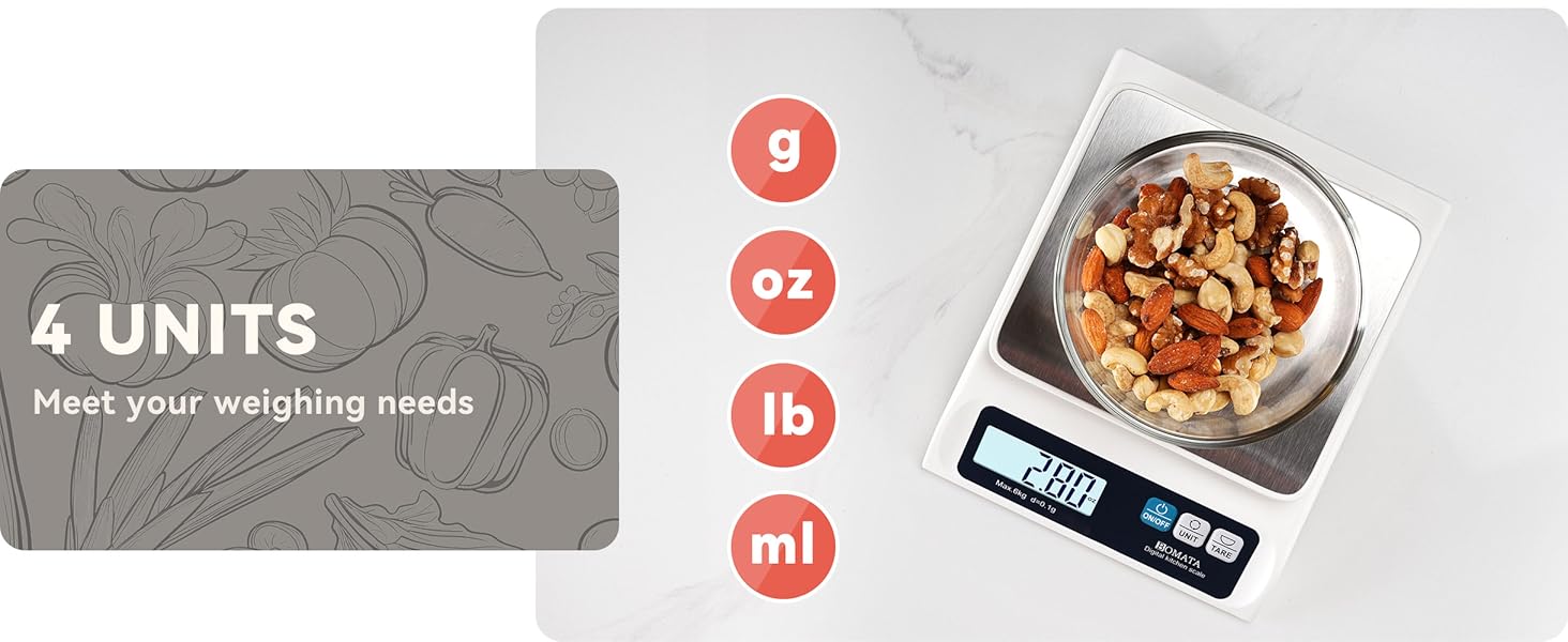 BOMATA 0.1g/ 13lb Food Scale, Digital Kitchen Scale with Removable Stainless Steel Pan, Backlit LCD Display, for Cooking, Baking B621 White