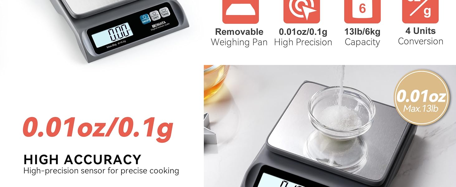 BOMATA 0.1g/ 13lb Food Scale, Digital Kitchen Scale with Removable Stainless Steel Pan, Backlit LCD Display, for Cooking, Baking B621 Grey