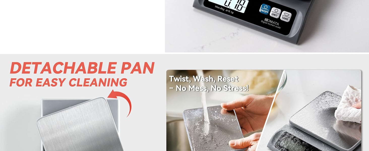 BOMATA 0.1g/ 13lb Food Scale, Digital Kitchen Scale with Removable Stainless Steel Pan, Backlit LCD Display, for Cooking, Baking B621 Grey