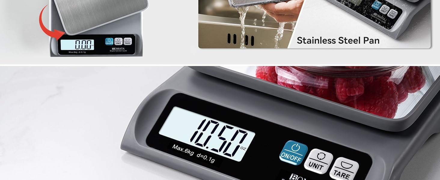 BOMATA 0.1g/ 13lb Food Scale, Digital Kitchen Scale with Removable Stainless Steel Pan, Backlit LCD Display, for Cooking, Baking B621 Grey
