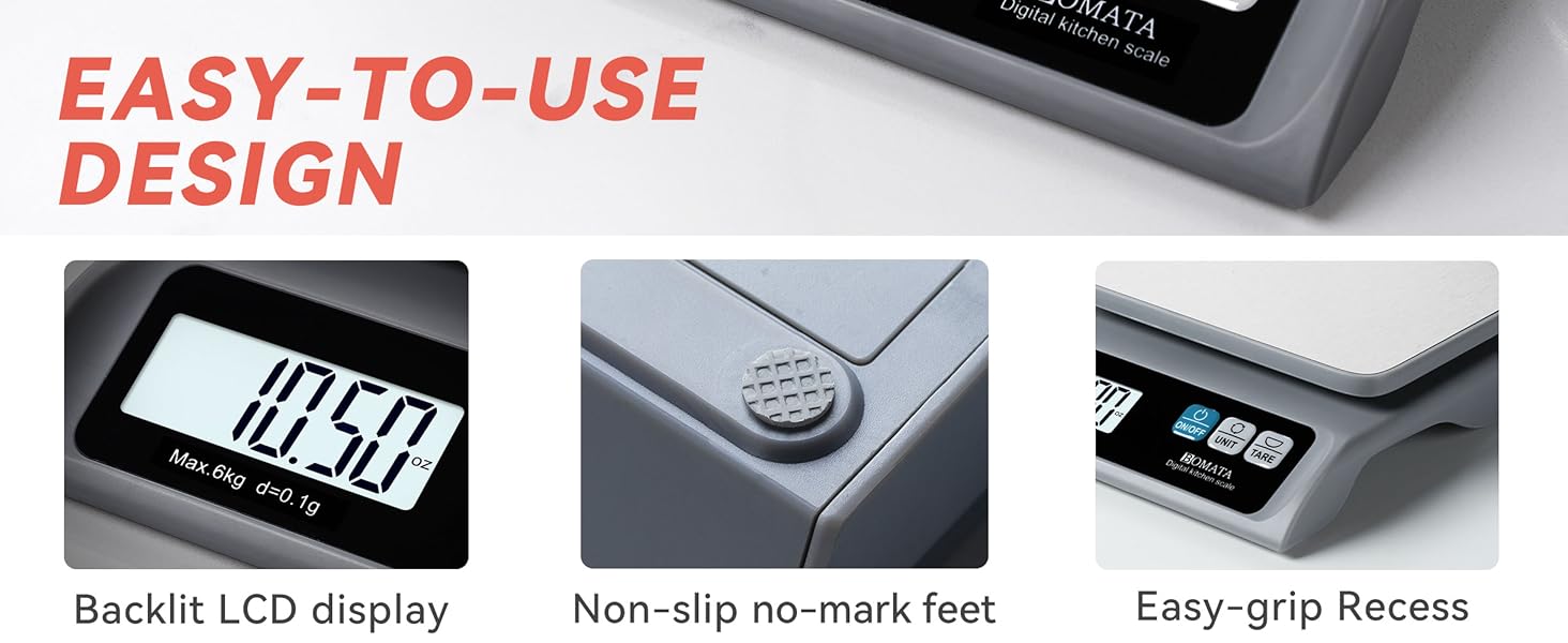 BOMATA 0.1g/ 13lb Food Scale, Digital Kitchen Scale with Removable Stainless Steel Pan, Backlit LCD Display, for Cooking, Baking B621 Grey