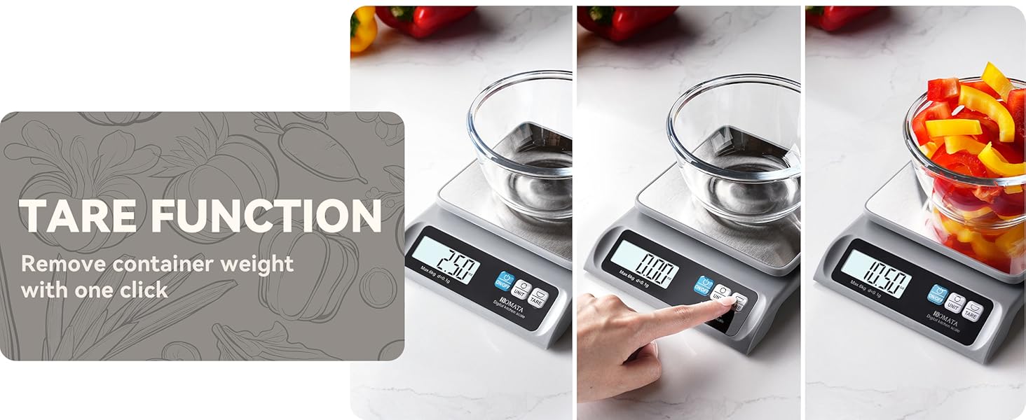 BOMATA 0.1g/ 13lb Food Scale, Digital Kitchen Scale with Removable Stainless Steel Pan, Backlit LCD Display, for Cooking, Baking B621 Grey