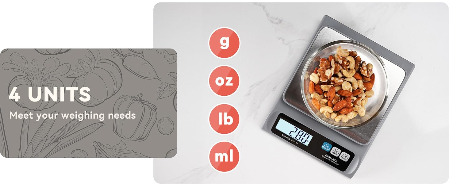 BOMATA 0.1g/ 13lb Food Scale, Digital Kitchen Scale with Removable Stainless Steel Pan, Backlit LCD Display, for Cooking, Baking B621 Grey