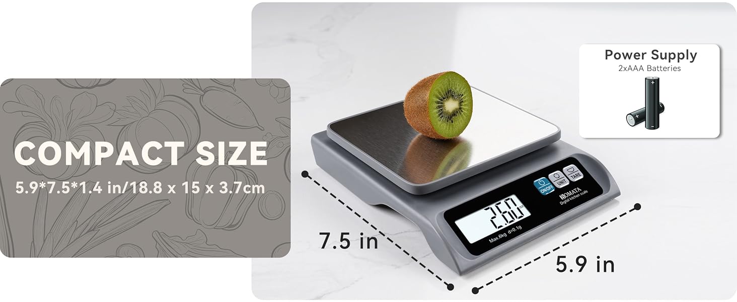 BOMATA 0.1g/ 13lb Food Scale, Digital Kitchen Scale with Removable Stainless Steel Pan, Backlit LCD Display, for Cooking, Baking B621 Grey