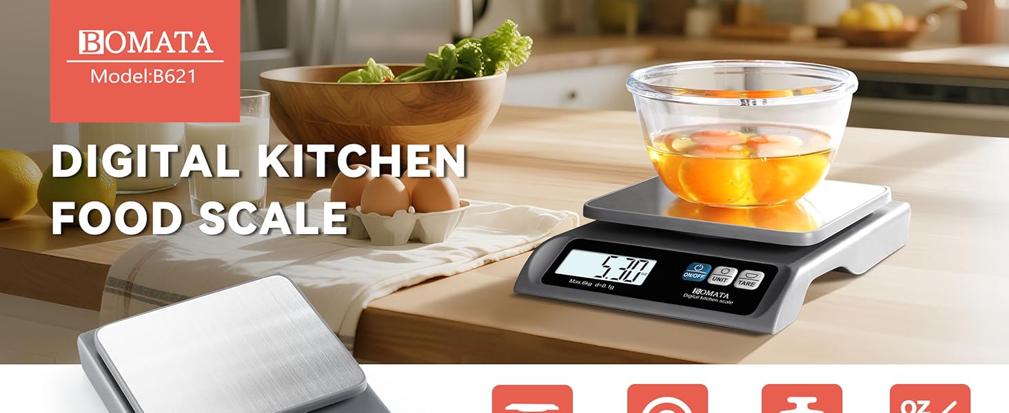 BOMATA 0.1g/ 13lb Food Scale, Digital Kitchen Scale with Removable Stainless Steel Pan, Backlit LCD Display, for Cooking, Baking B621 Grey